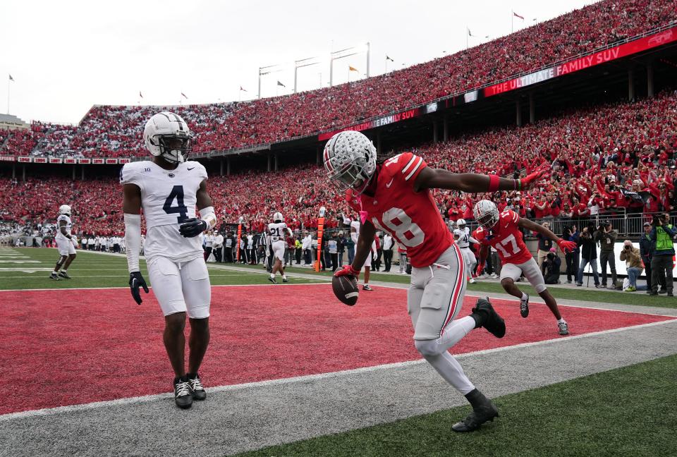 Ohio State's Marvin Harrison Jr. had 11 receptions for 162 yards and a touchdown on Saturday.