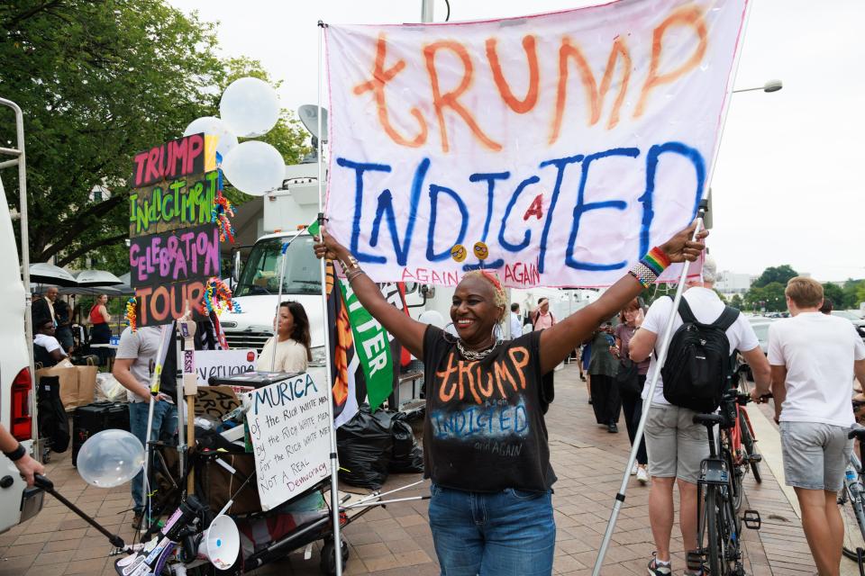 Protesters outside federal courthouse where Trump is arraigned.