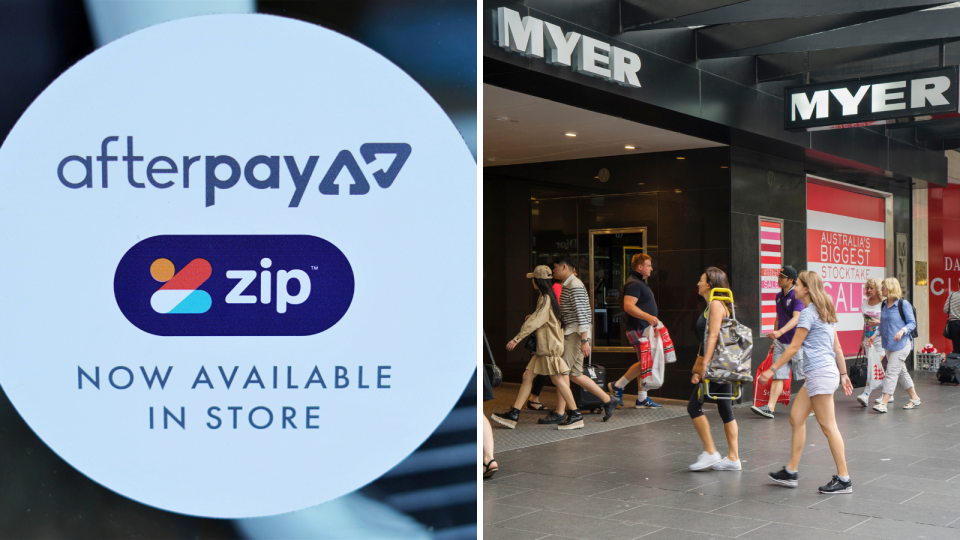 Afterpay and Zip sign. Buy now pay later. Australians shopping. 