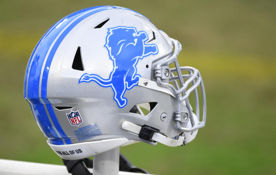 Dec 20, 2020; Nashville, Tennessee, USA; View of a Detroit Lions helmet on the bench before the game against the Tennessee Titans at Nissan Stadium. Mandatory Credit: Christopher Hanewinckel-USA TODAY Sports