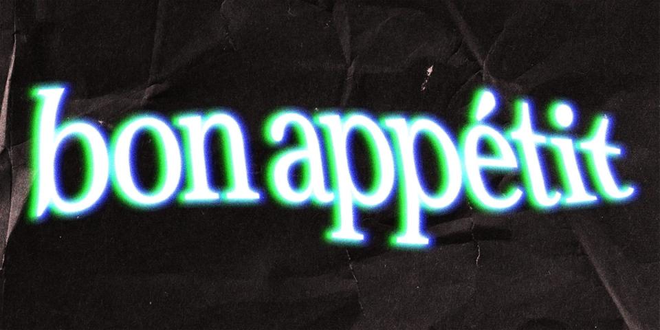 "Bon Appétit" in a green and white font against a black background.
