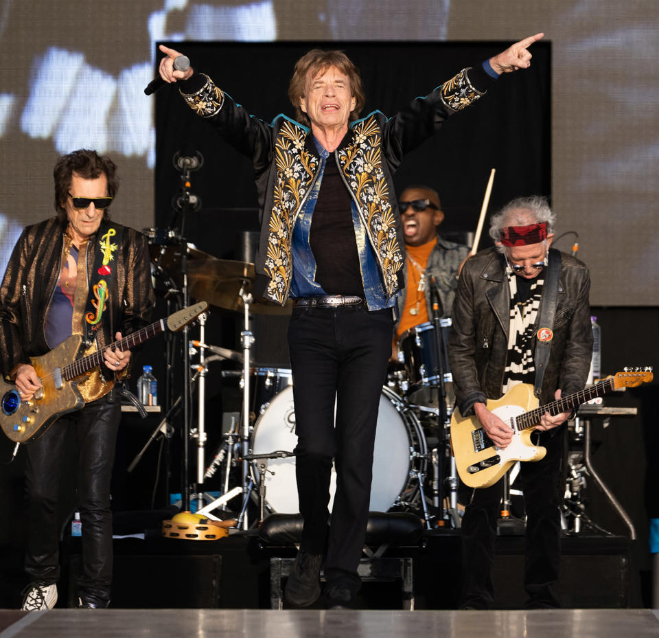 <p>Ronnie Wood, Mick Jagger, Steve Jordan and Keith Richards of The Rolling Stones perform at American Express presents BST Hyde Park on July 3 in London. </p>