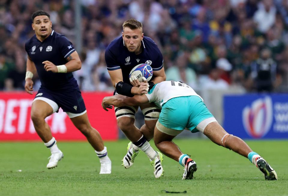 Matt Fagerson of Scotland is tackled by Damian de Allende of South Africa (Getty Images)