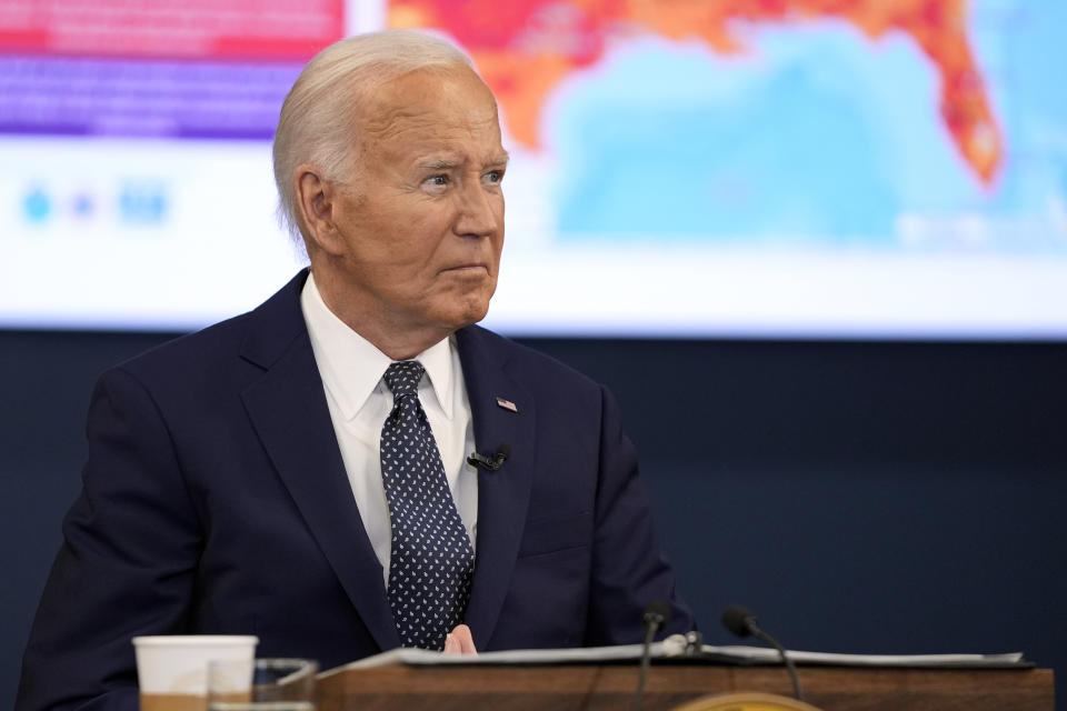 President Joe Biden listens during a visit to the D.C. Emergency Operations Center, Tuesday, July 2, 2024, in Washington. (AP Photo/Evan Vucci)