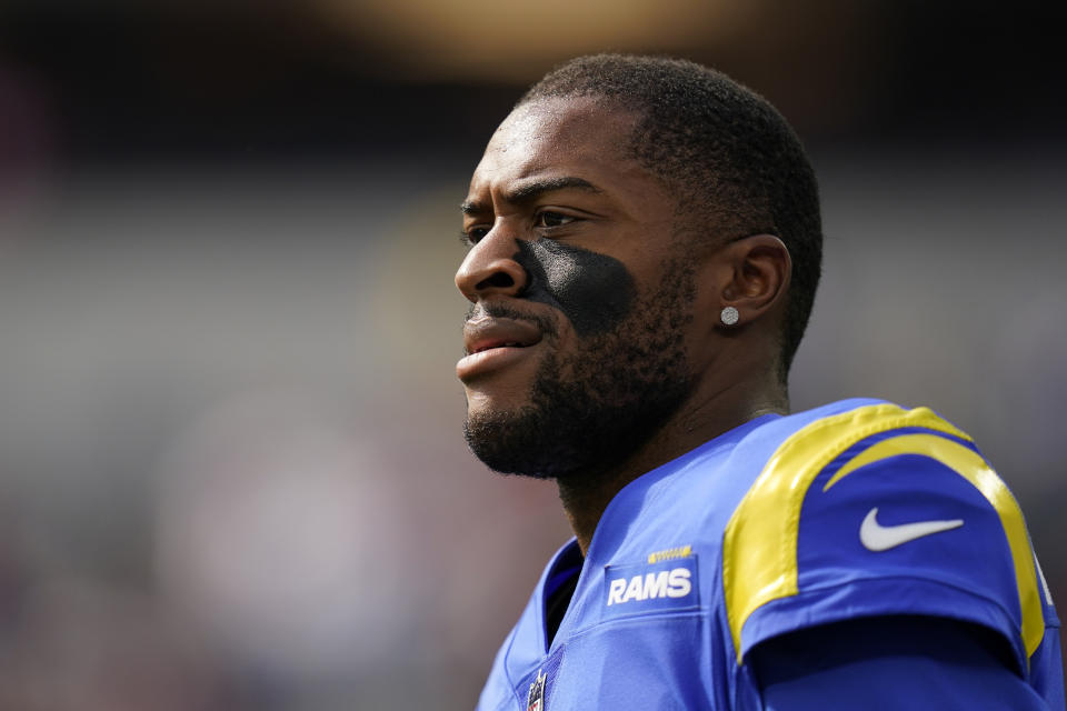 Los Angeles Rams wide receiver Allen Robinson II warms up prior to an NFL football game against the San Francisco 49ers Sunday, Oct.  30, 2022, in Inglewood, Calif.  (AP Photo/Gregory Bull)