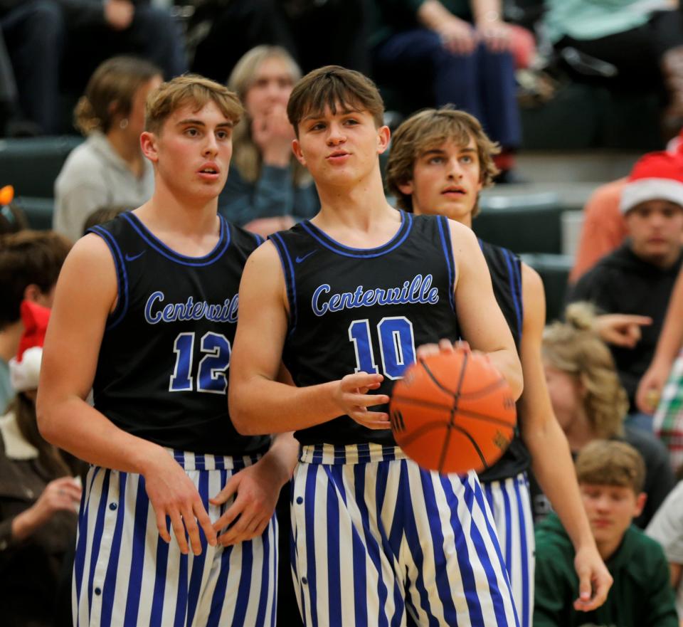 Centerville freshmen Ethan Vecera (right) and Shea Hollendonner (left) talk before a game against Northeastern Dec. 1, 2022.