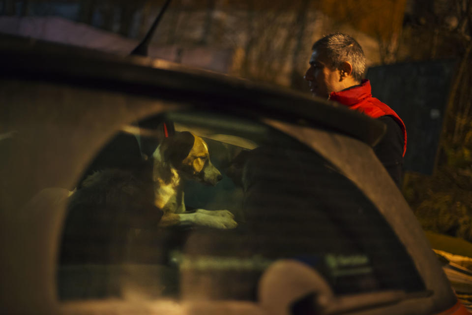 A stray dog brought out of Sochi by an animal activist, waits to be transferred to the car of fellow activist Igor Airapetian, right, at a rendezvous point 120 kilometers away from the Olympic area in the early morning hours of Tuesday, Feb. 11, 2014, in Tuapse, Russia. Airapetian is one of a dozen people in the emerging movement of animal activists in Sochi alarmed by reports that the city has contracted the killing of thousands of stray dogs before and during the Olympic Games. Stray dogs are a common sight on the streets of Russian cities, but with massive construction in the area the street dog population in Sochi and the Olympic park has soared. Useful as noisy, guard dogs, workers feed them to keep them nearby and protect buildings. They soon lose their value and become strays. Tonight, a few dogs will be taken on their way to a new life in Moscow. (AP Photo/David Goldman)