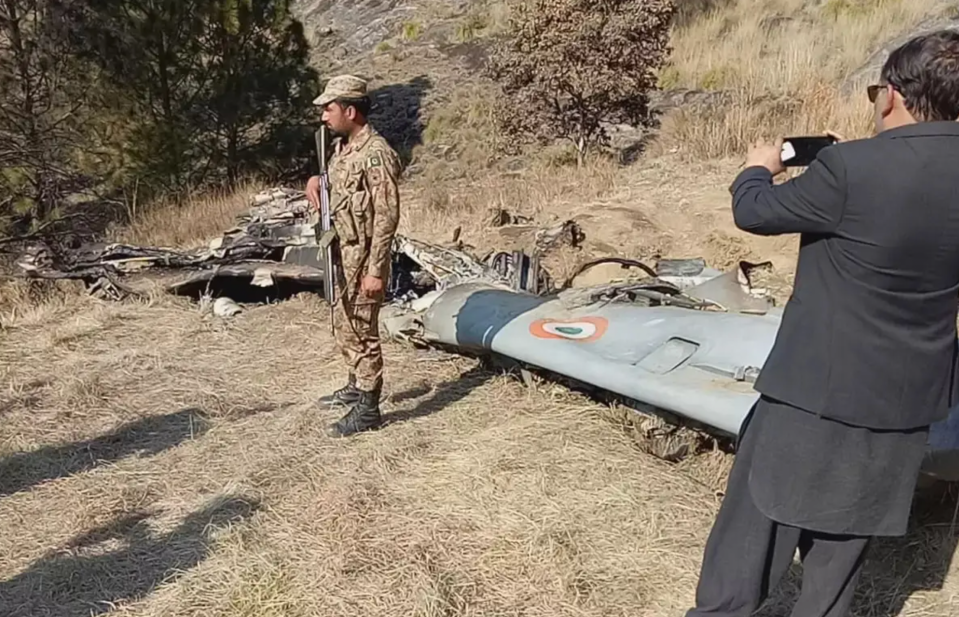 Part of the wreckage of the MiG-21 Bison, flown by Wing Commander Abhinandan Varthaman, shot down during the Balakot confrontation in 2019. <em>AP Photo/Abdul Razzaq</em>