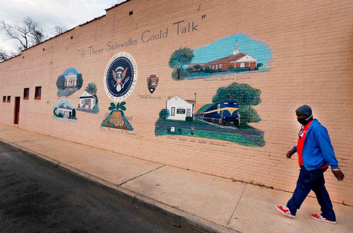 A mural painted on the side of the Plains Pharmacy at 103 Main St. in Plains, Georgia highlights a few of the historic sites in Plains related to former U.S. President Jimmy Carter. 02/21/2023