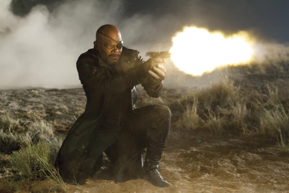 In this film image released by Disney, Samuel L. Jackson portrays Nick Fury in a scene from Marvel’s “The Avengers.” (AP Photo/Disney, Zade Rosenthal)