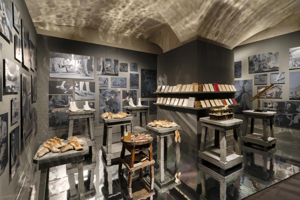 The "Balance and Anatomy" room at the "Salvatore Ferragamo 1898-1960" exhibition in Florence.