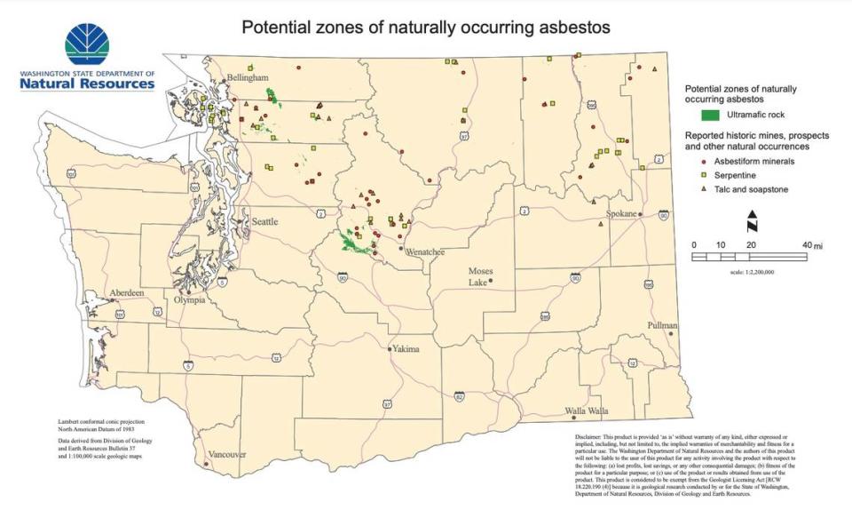 A map shows the potential zones of naturally occurring asbestos within Washington State.
