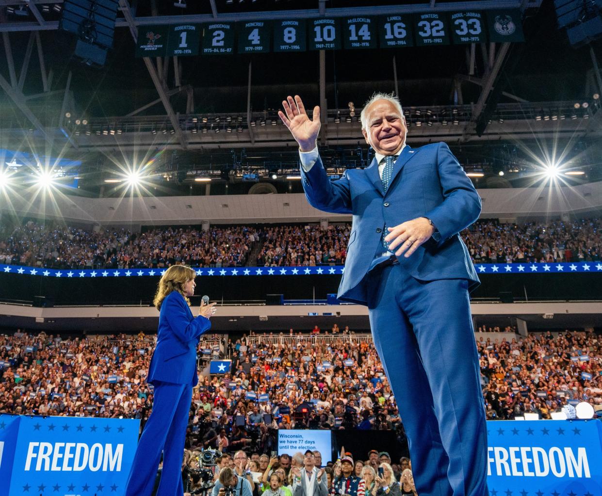 Vice President Kamala Harris and Democratic Vice Presidential candidate Minnesota Gov. Tim Walz speak at a rally on Tuesday August 20, 2024 at Fiserv Forum in Milwaukee, Wis.