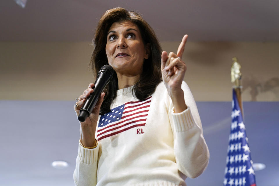 FILE - Republican presidential candidate Nikki Haley speaks during a town hall, Dec. 18, 2023, in Nevada, Iowa. Haley is betting her 2024 candidacy on winning South Carolina. But the politics of Haley's home state have shifted far to the right since she was governor. That threatens her ability to tap into her local roots to notch the victory she has promised.(AP Photo/Charlie Neibergall, File)