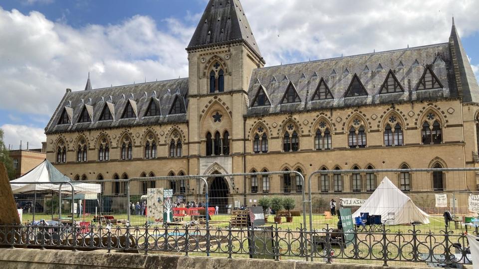 Fenced-in encampment outside Natural History Museum