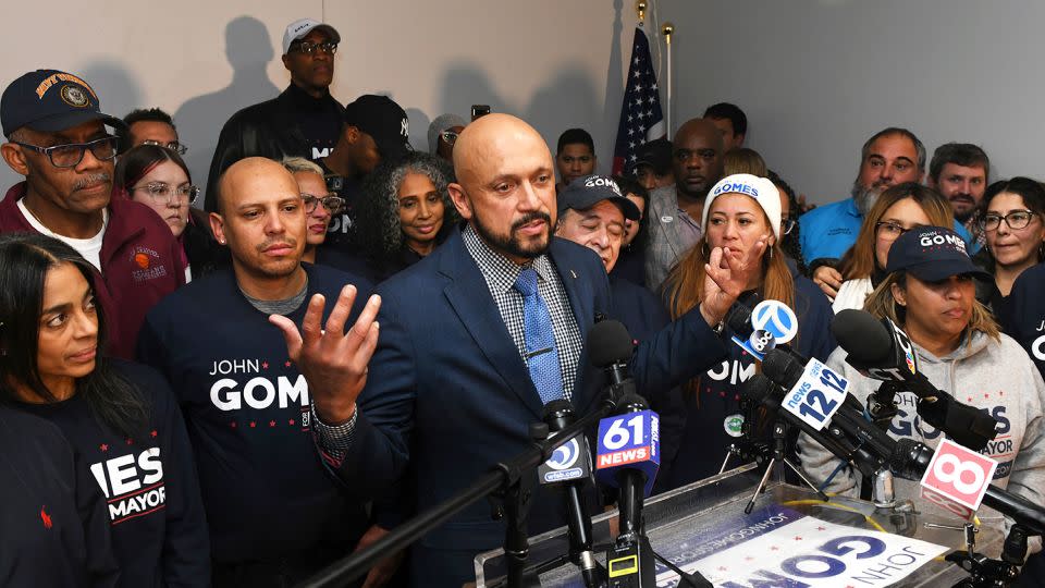 John Gomes, a Democratic candidate for Bridgeport Mayor, speaks to supporters at his election night headquarters in Bridgeport, Conn. Nov. 7, 2023. - Ned Gerard/Hearst Connecticut Media/AP