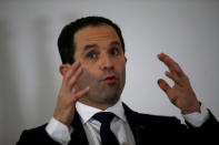 French Socialist party 2017 presidential candidate Benoit Hamon attends a news conference after a meeting with Portugal's Prime Minister Antonio Costa (not pictured) in Lisbon, Portugal February 18, 2017. REUTERS/Rafael Marchante