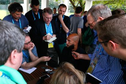 Tim Howard fields questions from the media on Saturday. (Getty)