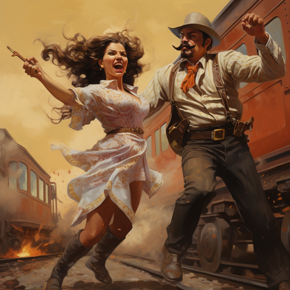 A woman in boots and a floral dress, and a man in an old-fashioned mustache, brimmed hat, suspenders, and thick belt with what looks like a gun, stand with old-fashioned trains behind them and what looks like flames on the track