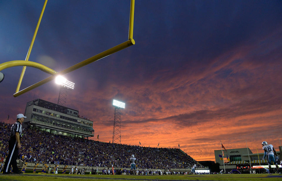 GREENVILLE, NC - SEPTEMBER 20:  General view of a sunset over Dowdy-Ficklen Stadium during the game between the North Carolina Tar HeelsNorth Carolina Tar Heels and the East Carolina Pirates on September 20, 2014 in Greenville, North Carolina. East Carolina won 70-41.  (Photo by Grant Halverson/Getty Images)