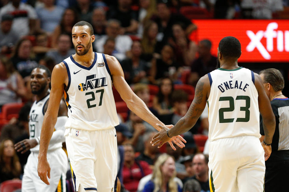 Jazz center Rudy Gobert was fined $15,000 for criticizing the officiating in their loss to the Miami Heat on Sunday. (Michael Reaves/Getty Images)