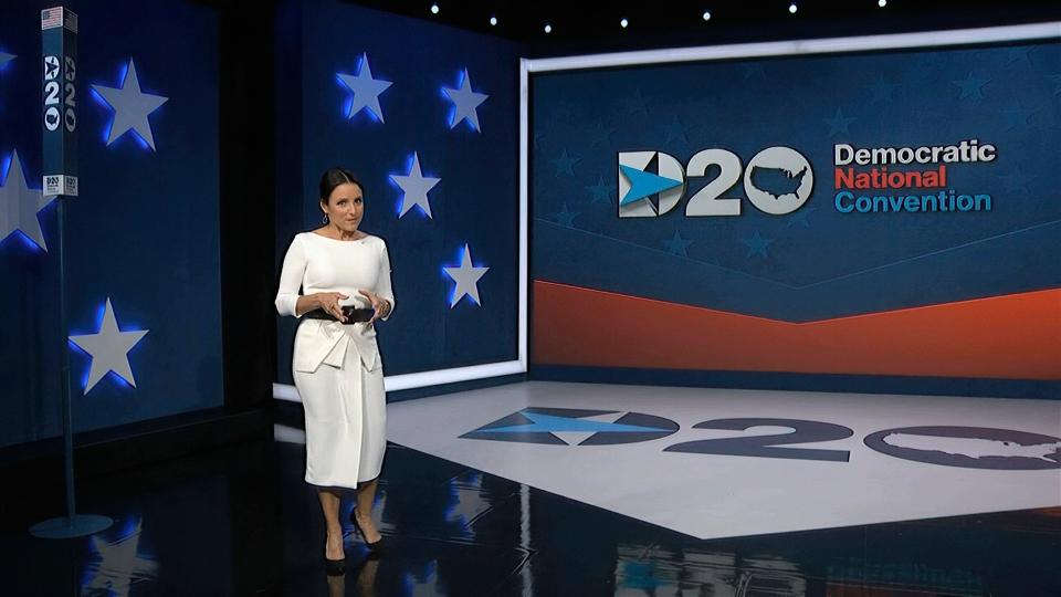 In this image from video, Julia Louis-Dreyfus, serving as moderator, speaks during the fourth night of the Democratic National Convention on Thursday, Aug. 20, 2020. (Democratic National Convention via AP) ORG XMIT: DCJE310
