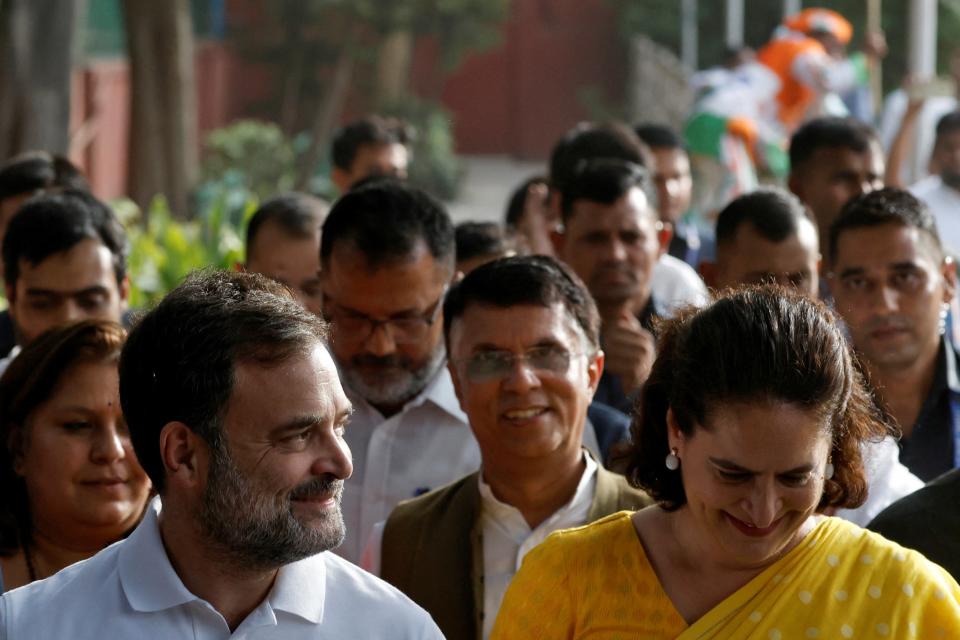 Rahul Gandhi along with Priyanka Gandhi Vadra arrive at the party headquarters in New Delhi (Reuters)