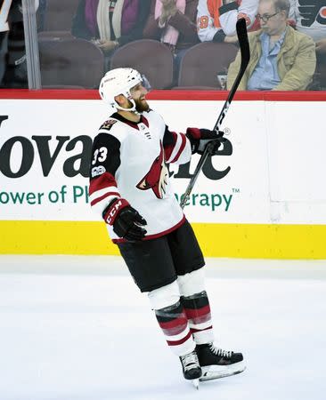 Oct 30, 2017; Philadelphia, PA, USA; Arizona Coyotes defenseman Alex Goligoski (33) celebrates his game-winning goal during the overtime period against the Philadelphia Flyers at Wells Fargo Center. Mandatory Credit: Eric Hartline-USA TODAY Sports