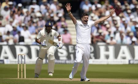 England's James Anderson (R) appeals and dismisses India's Murali Vijay lbw during the first cricket test match at Trent Bridge cricket ground in Nottingham, England July 10, 2014. REUTERS/Philip Brown