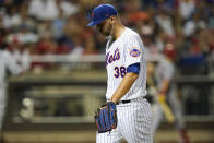 New York Mets relief pitcher Tylor Megill (38) reacts as he walks to the dugout during the first inning of a baseball game against the St. Louis Cardinals Wednesday, Sept. 15, 2021, in New York. (AP Photo/Frank Franklin II)