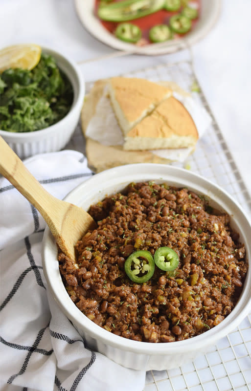 <p>My Pretty Brown Fit + Eats</p><p>These Southern Baked Beans are made with a whiskey maple BBQ sauce, ground beef made from plants, vegetables and delicious flavors. The perfect side dish for any occasion.</p><p><strong>Get the recipe: <a href="https://www.myprettybrownfit.com/southern-baked-beans-made-from-plants/" rel="nofollow noopener" target="_blank" data-ylk="slk:Southern Baked Beans with (Plant-Based) Ground Beef;elm:context_link;itc:0;sec:content-canvas" class="link rapid-noclick-resp">Southern Baked Beans with (Plant-Based) Ground Beef</a></strong></p>