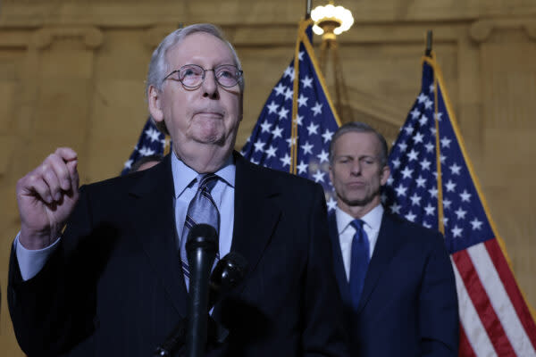 Senate Minority Leader Mitch McConnell (R-KY) gestures as he speaks during a press conference following the weekly Senate Republican policy luncheon in the Russell Senate Office Building on Capitol Hill on January 19, 2022 in Washington, DC. (Photo by Anna Moneymaker/Getty Images)