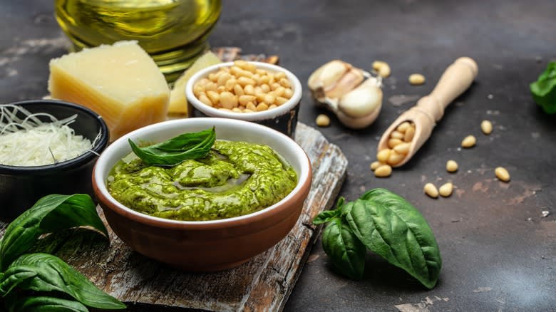 Pesto sauce with ingredients