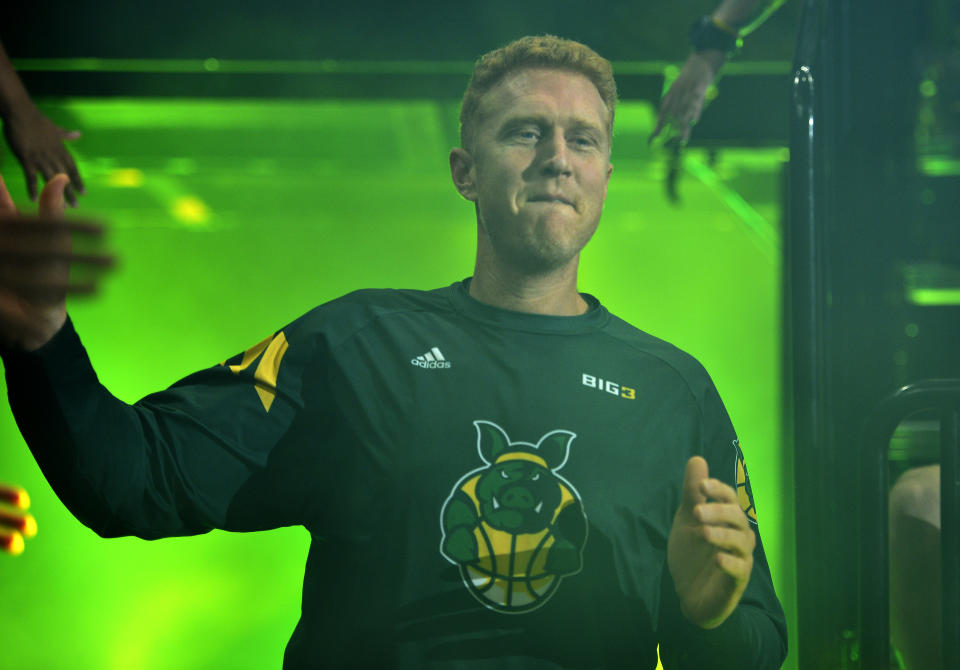 SALT LAKE CITY, UTAH - JULY 27: Brian Scalabrine #24 of the Ball Hogs enters the court during team introductions before the game against the Triplets during week six of the BIG3 three on three basketball league at Vivint Smart Home Arena on July 27, 2019 in Salt Lake City, Utah. (Photo by  Alex Goodlett/BIG3 via Getty Images)