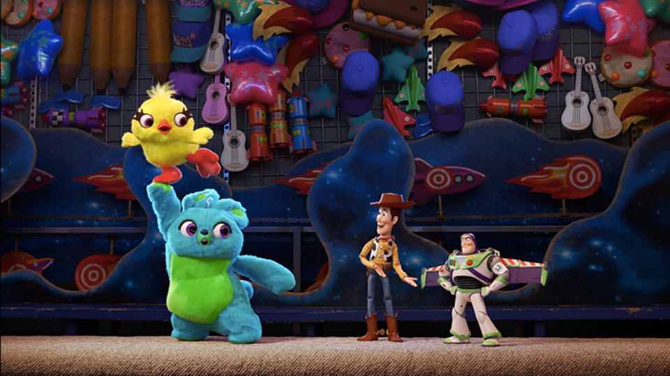 Ducky and Bunny meeting Woody and Buzz in Toy Story 4.