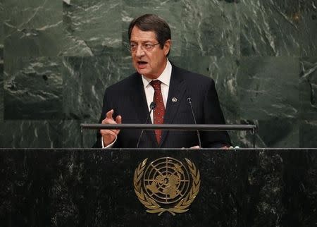 President Nicos Anastasiades of Cyprus addresses attendees during the 70th session of the United Nations General Assembly at the U.N. Headquarters in New York, September 29, 2015. REUTERS/Mike Segar