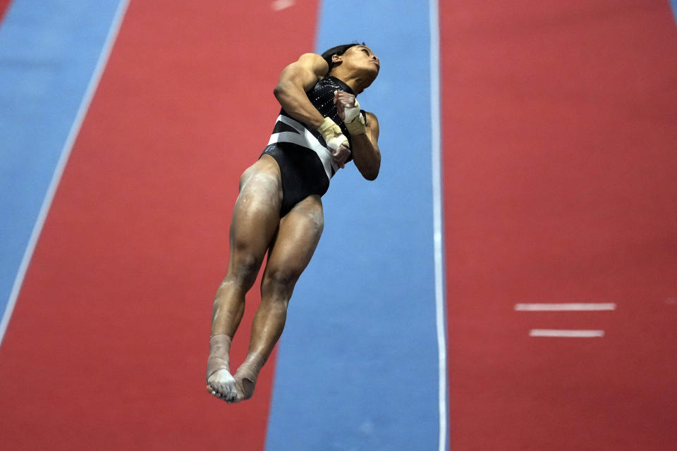 Gabby Douglas competes on the vault at the American Classic Saturday, April 27, 2024, in Katy, Texas. (AP Photo/David J. Phillip)