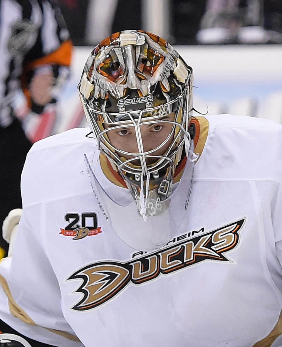 Anaheim Ducks goalie John Gibson looks on during the second period in Game 4 of an NHL hockey second-round Stanley Cup playoff series against the Los Angeles Kings, Saturday, May 10, 2014, in Los Angeles. (AP Photo/Mark J. Terrill)