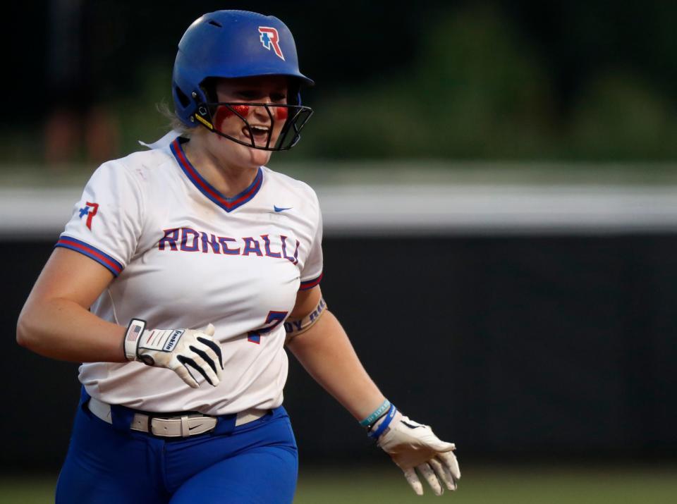 Roncalli Royals Keagan Rothrock (7) rounds the bases after hitting a home run during the IHSAA Class 4A Softball State Final against the Penn Kingsmen, Saturday, June 10, 2023, at Purdue University’s Bittinger Stadium in West Lafayette, Ind. Penn won 2-1 in nine innings.