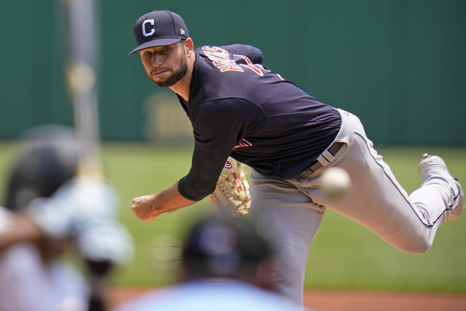 Cleveland Indians starting pitcher Sam Hentges delivers during the first inning of a baseball game against the Pittsburgh Pirates in Pittsburgh, Sunday, June 20, 2021. (AP Photo/Gene J. Puskar)