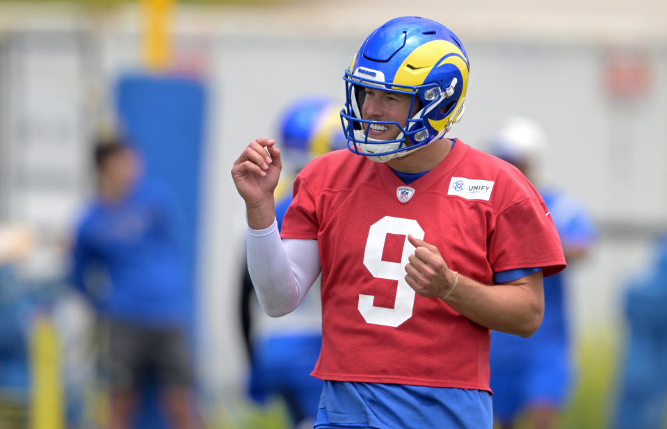 THOUSAND OAKS, CALIFORNIA - JUNE 13: Quarterback Matthew Stafford #9 of the Los Angeles Rams participates in drills during mini-camp at California Lutheran University on June 13, 2023 in Thousand Oaks, California. (Photo by Jayne Kamin-Oncea/Getty Images)