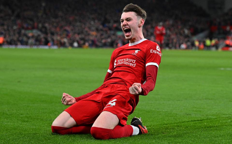 Conor Bradley celebrates scoring for Liverpool