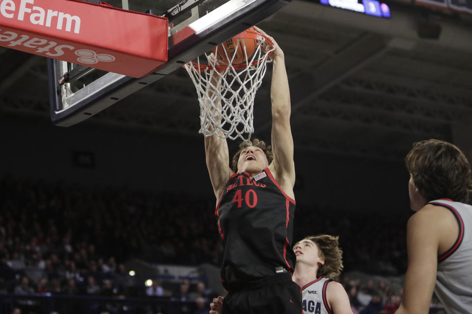 San Diego State forward Miles Heide dunks during the first half of an NCAA college basketball game against Gonzaga, Friday, Dec. 29, 2023, in Spokane, Wash. (AP Photo/Young Kwak)