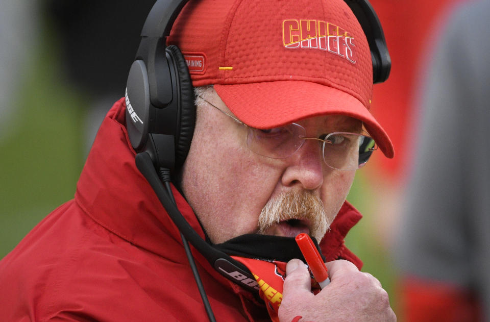 FILE - In this Jan. 17, 2021, file photo, Kansas City Chiefs head coach Andy Reid watches from the sideline during an NFL divisional round playoff football game against the Cleveland Browns in Kansas City, Mo. Putting together the NFL schedule might be as complex as space travel. All 32 teams have preferences, there are stadium and city issues to deal with, bye weeks to consider and, most importantly, attempting to avoid competitive imbalances. The two Week 1 highlight matchups have Cleveland at Kansas City and Pittsburgh at Buffalo, all potential powers in the AFC. (AP Photo/Reed Hoffmann, File)