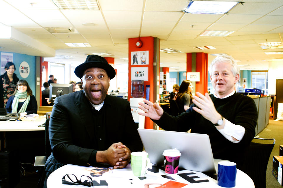 LONDON - JANUARY 31: Lenny Henry and Richard Curtis, take part in Red Nose Day 2011 sketch, on 31 January, 2011 in London. (Photo by Comic Relief/Getty Images)