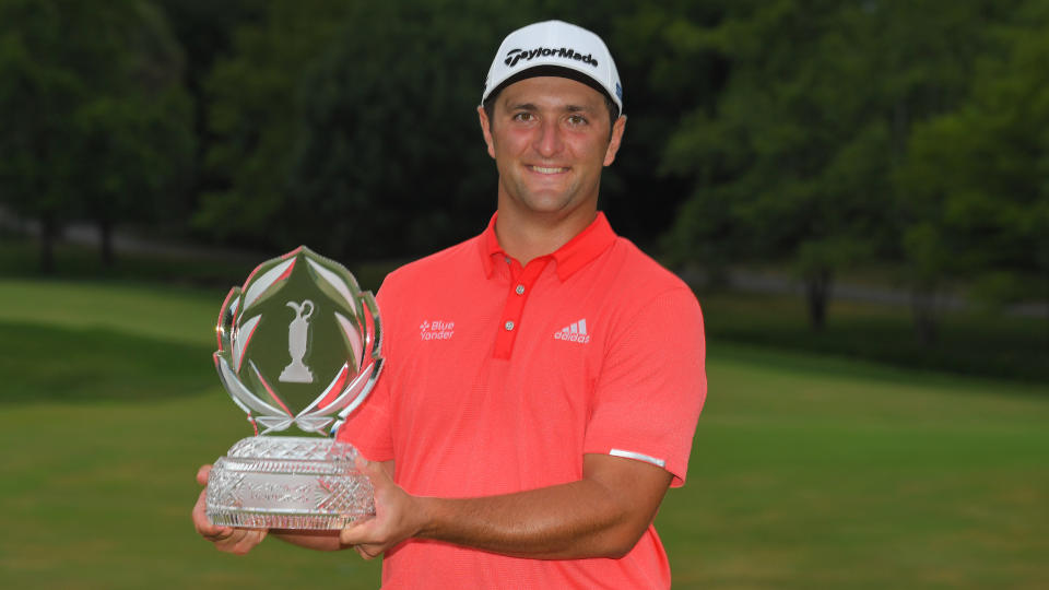 Jon Rahm with the trophy after his win in the 2022 Memorial Tournament at Muirfield Village