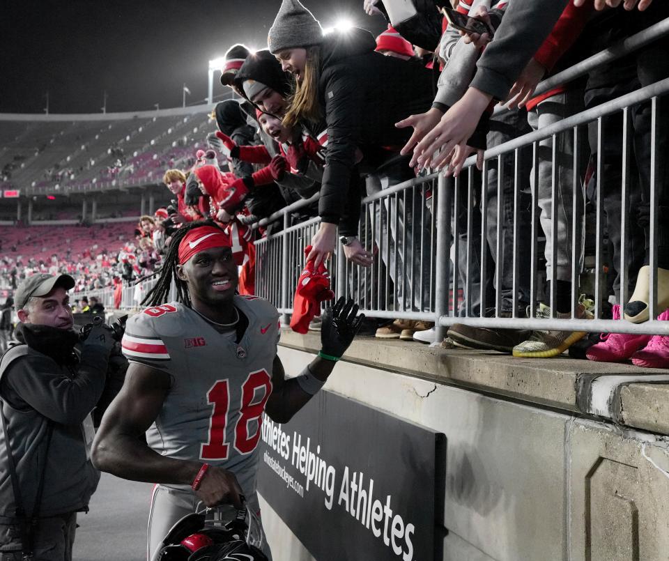 Nov. 11, 2023; Columbus, Oh., USA; 
Ohio State Buckeyes wide receiver Marvin Harrison Jr. (18) leaves the field following a 38-3 win in Saturday's NCAA Division I football game against the Michigan State Spartans at Ohio Stadium.