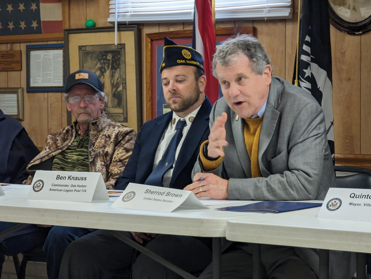 Sen. Sherrod Brown, D-Ohio, speaks to veterans during a roundtable discussion on the PACT Act, April 2, 2024, at the American Legion Post 114, Oak Harbor, Ohio.