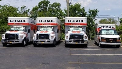 U-Haul trucks at Bruce's Pit Stop, 334 Elmira Road in Ithaca New York