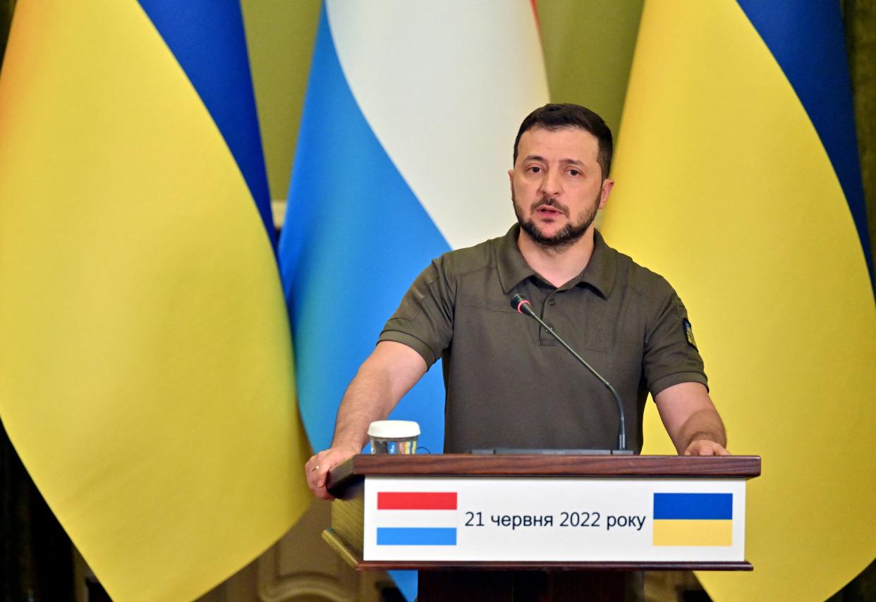 Ukrainian President Volodymyr Zelensky speaks during a joint press conference with Prime Minister of Luxembourg following talks in Kyiv on June 21, 2022. 